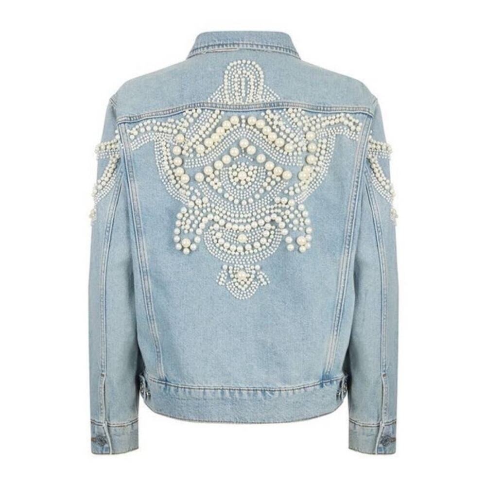 Sandro Pearl Embellished Oversized Distressed Denim Jean Jacket Size small - Picture 5 of 16